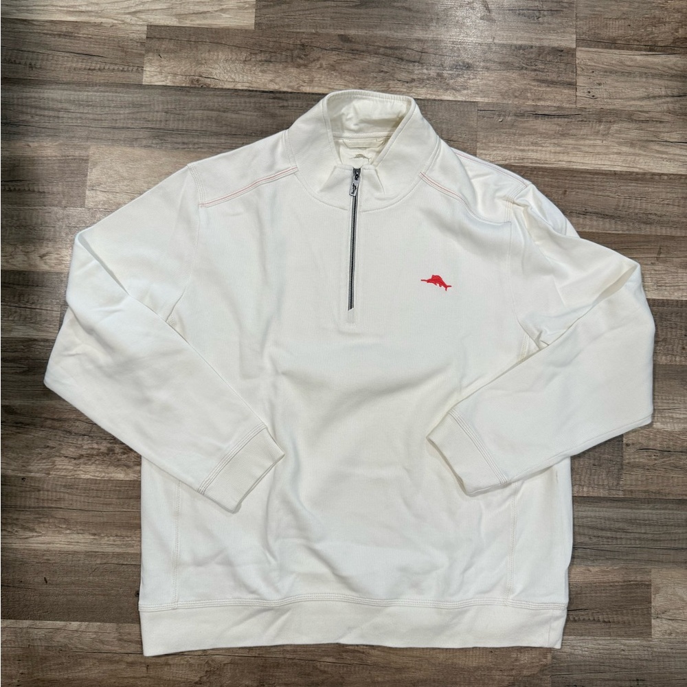 Tommy Bahama White Quarter-Zip Sweater with Red Logo